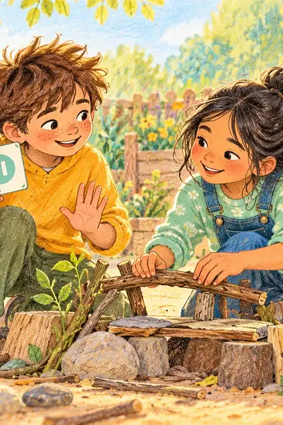 Two children building together outdoors while a caregiver observes supportively from a distance