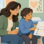 Child, caregiver and clinician reviewing an ADHD treatment monitoring chart together