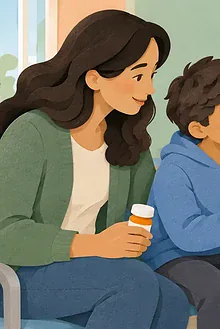 Child, caregiver and clinician reviewing an ADHD treatment monitoring chart together