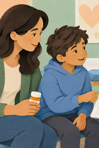 Child, caregiver and clinician reviewing an ADHD treatment monitoring chart together