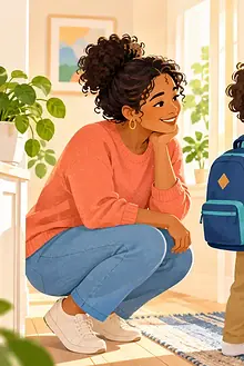 Child with ADHD checking a visual morning sequence while a caregiver waits supportively near the door