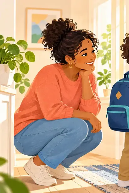Child with ADHD checking a visual morning sequence while a caregiver waits supportively near the door