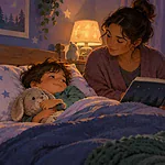 Caregiver reading quietly with a child with ADHD during a calm bedtime routine