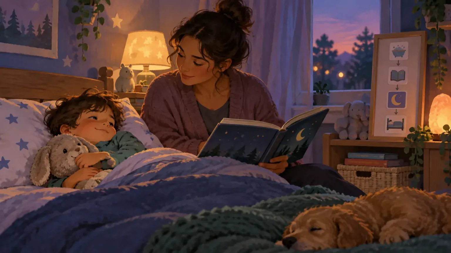 Caregiver reading quietly with a child with ADHD during a calm bedtime routine
