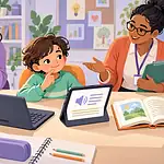 Child choosing among audiobook, keyboard, tablet and printed-book options with a caregiver and teacher