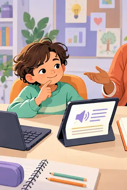 Child choosing among audiobook, keyboard, tablet and printed-book options with a caregiver and teacher