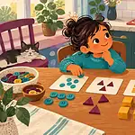 Child and caregiver using buttons and blocks to explore quantities in a low-pressure maths activity