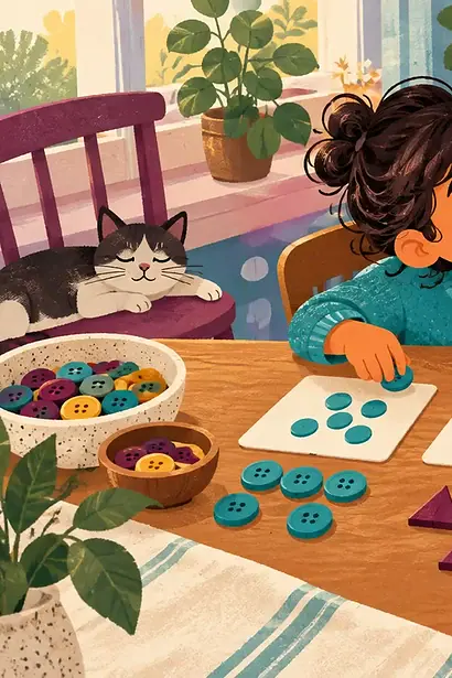 Child and caregiver using buttons and blocks to explore quantities in a low-pressure maths activity