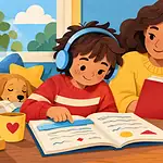 Child listening to an audiobook while following a printed page with a caregiver in a calm reading nook