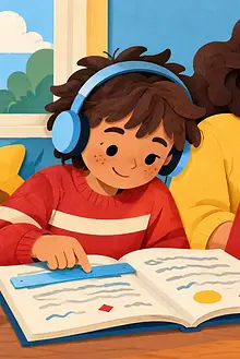 Child listening to an audiobook while following a printed page with a caregiver in a calm reading nook
