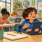 Child using a keyboard and microphone to express ideas while a teacher supports a classroom writing task