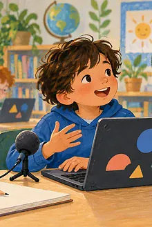 Child using a keyboard and microphone to express ideas while a teacher supports a classroom writing task