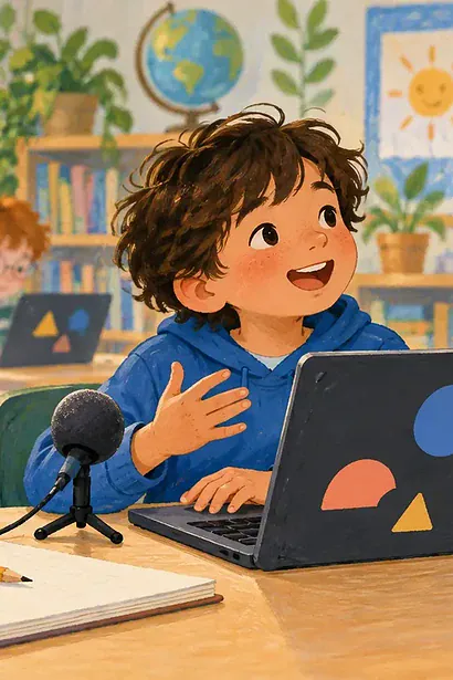 Child using a keyboard and microphone to express ideas while a teacher supports a classroom writing task