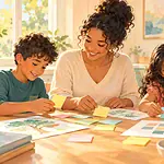 Parent and two children calmly reviewing learning samples at a sunny table