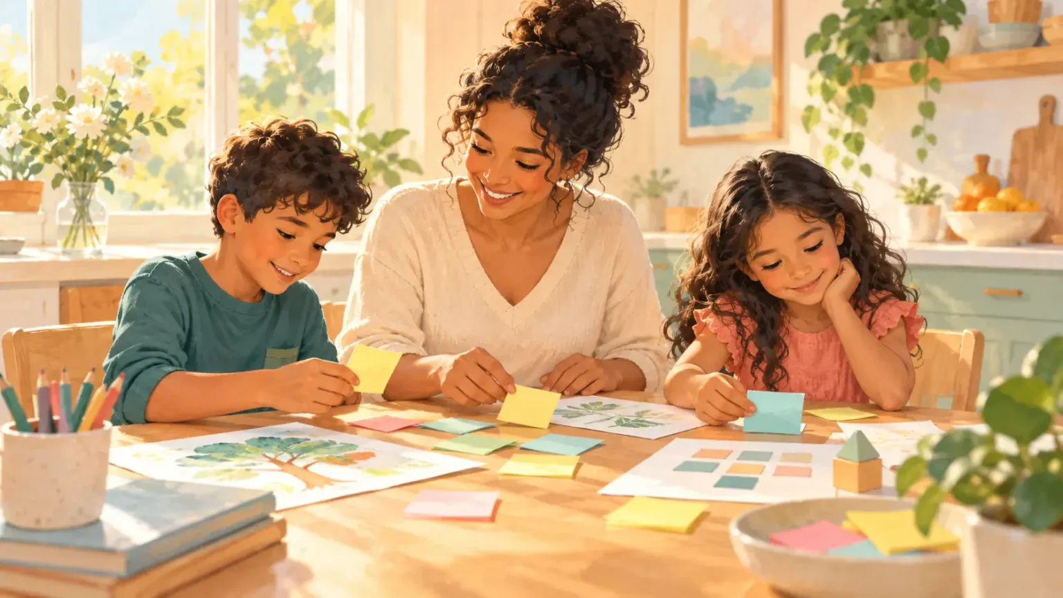 Parent and two children calmly reviewing learning samples at a sunny table