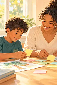 Parent and two children calmly reviewing learning samples at a sunny table