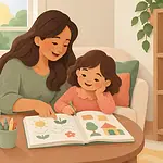 Caregiver and child trying one home-learning book in a cosy reading corner