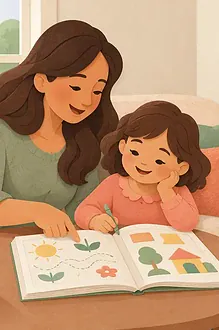 Caregiver and child trying one home-learning book in a cosy reading corner