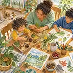 Caregiver teaching children of different ages through a shared nature project