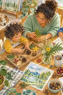 Caregiver teaching children of different ages through a shared nature project