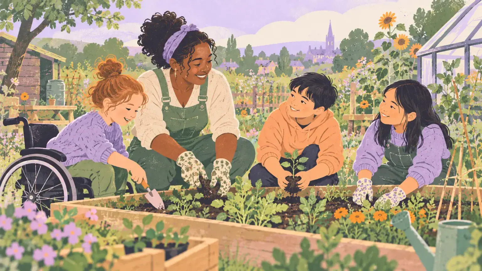 Children and a trusted adult gardening together in a community space