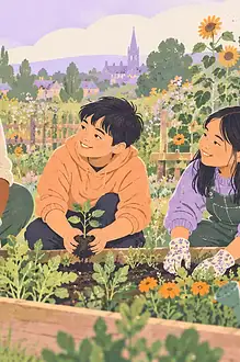 Children and a trusted adult gardening together in a community space