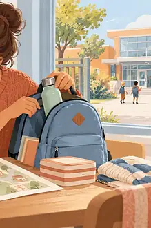 Child and caregiver preparing a backpack and school map for a return to school
