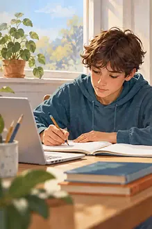 Teenager working independently while a caregiver remains available nearby