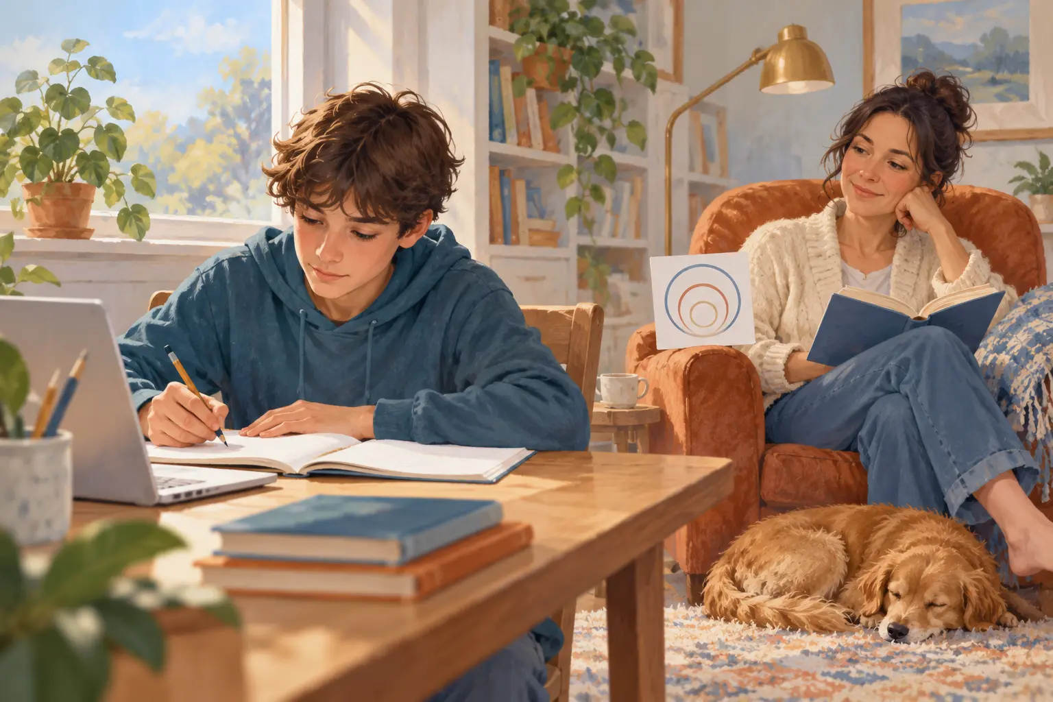 Teenager working independently while a caregiver remains available nearby