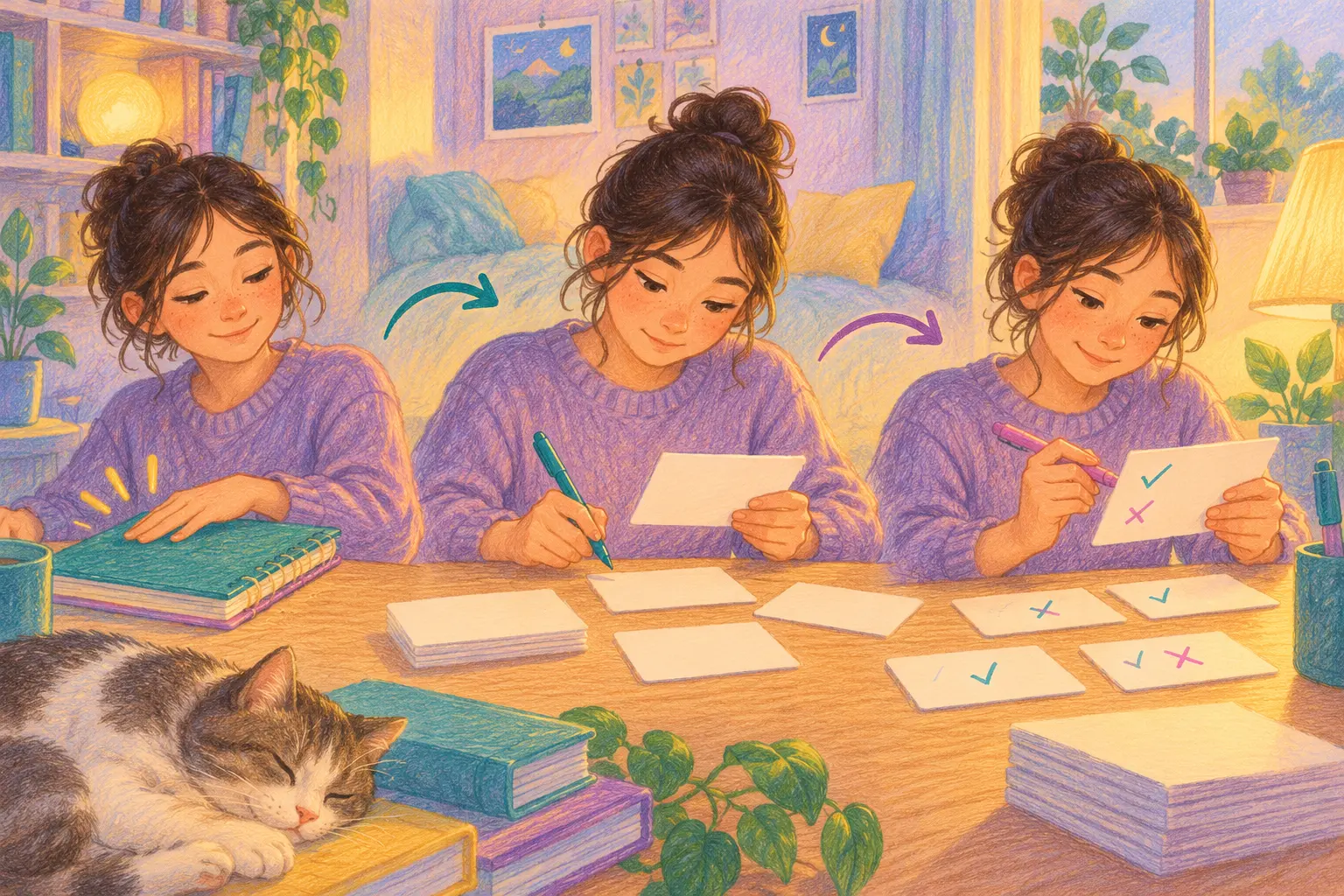 Student recalling ideas onto cards before checking and correcting them