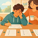 Student practising selected exam questions in calm stages with family support