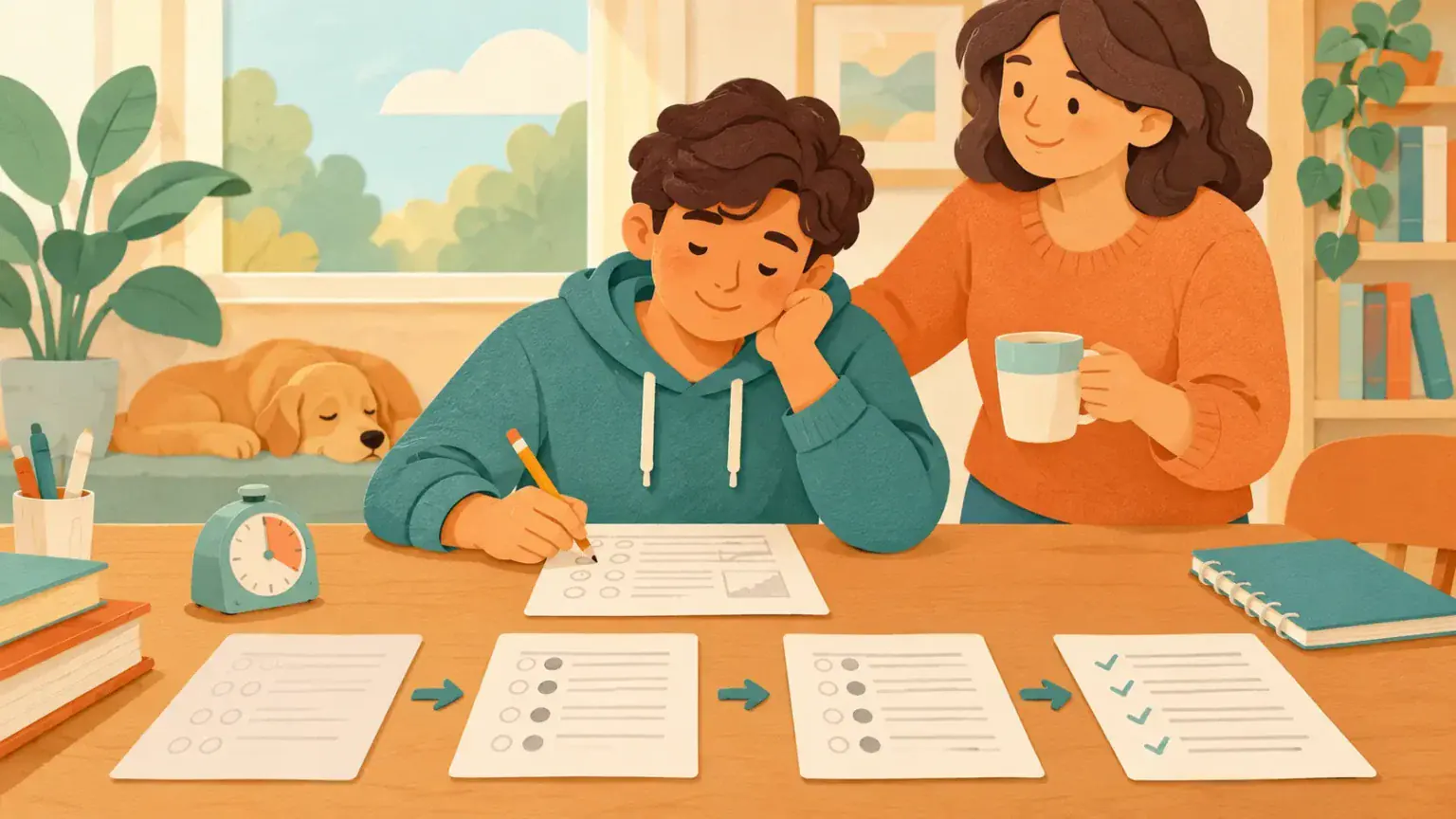 Student practising selected exam questions in calm stages with family support
