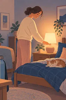 Teenager packing exam supplies and closing books before a calm bedtime