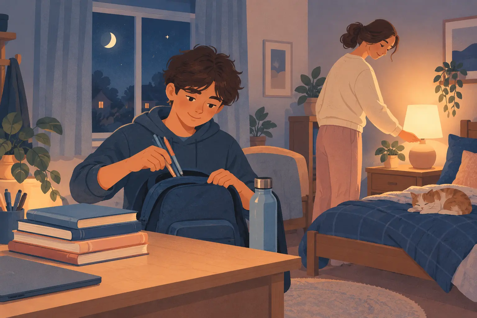 Teenager packing exam supplies and closing books before a calm bedtime