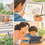 Child and caregiver documenting a blocked kerb ramp for a respectful civic request