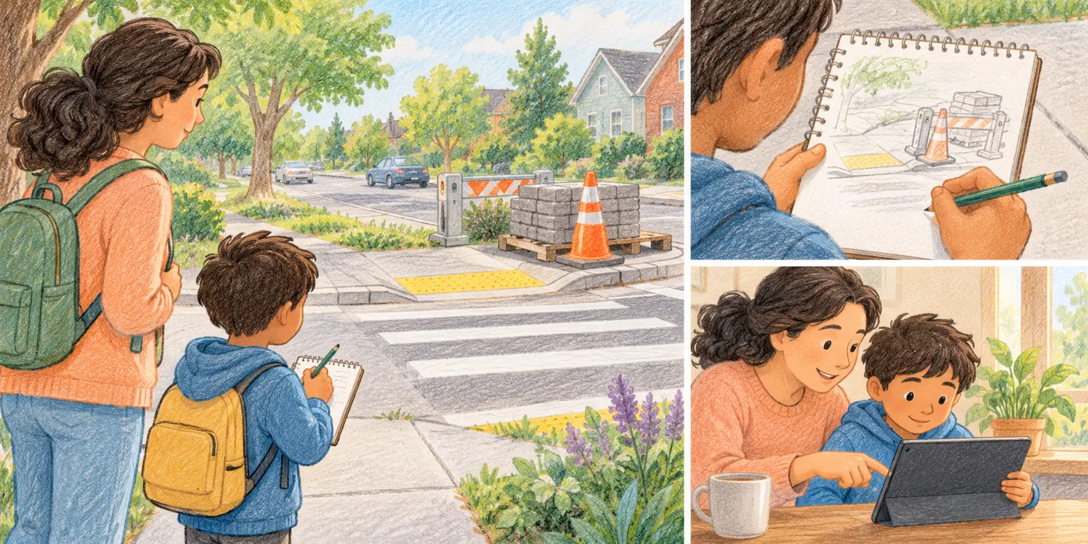Child and caregiver documenting a blocked kerb ramp for a respectful civic request