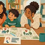 Family practising an emergency contact and meeting-place plan together