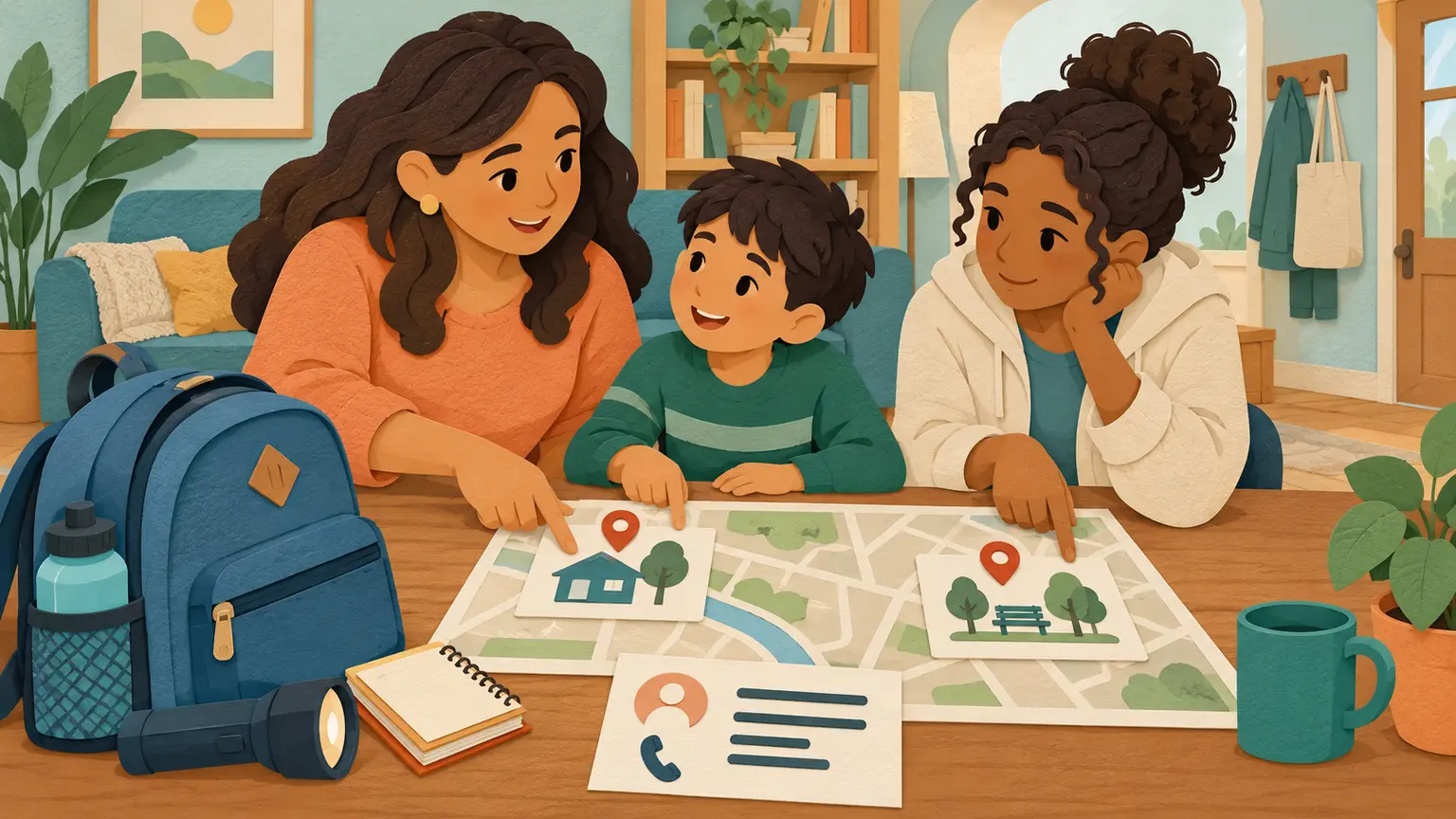 Family practising an emergency contact and meeting-place plan together