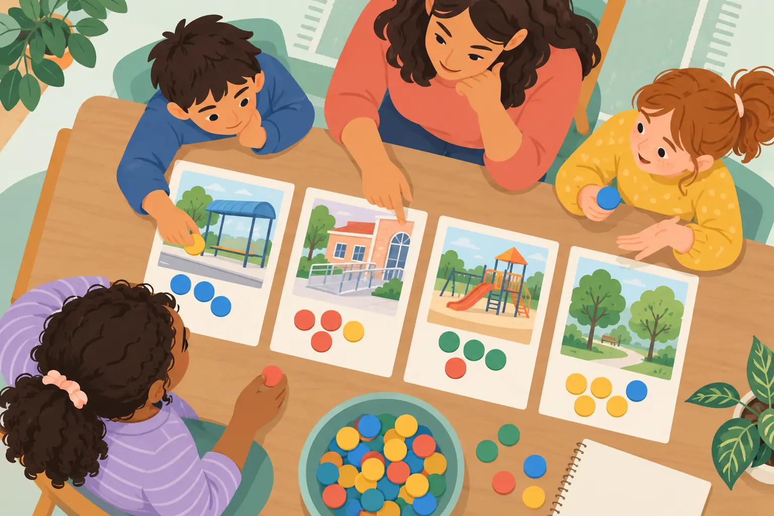 Children and caregiver allocating pretend budget tokens among community projects