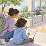 Child and caregiver observing accessibility features outside a public library