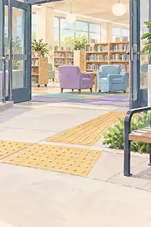 Child and caregiver observing accessibility features outside a public library