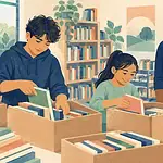 Family volunteering with a supervised community library project