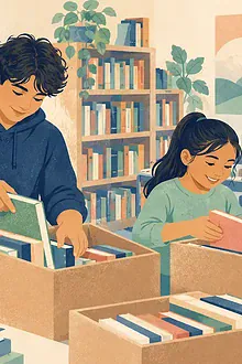 Family volunteering with a supervised community library project