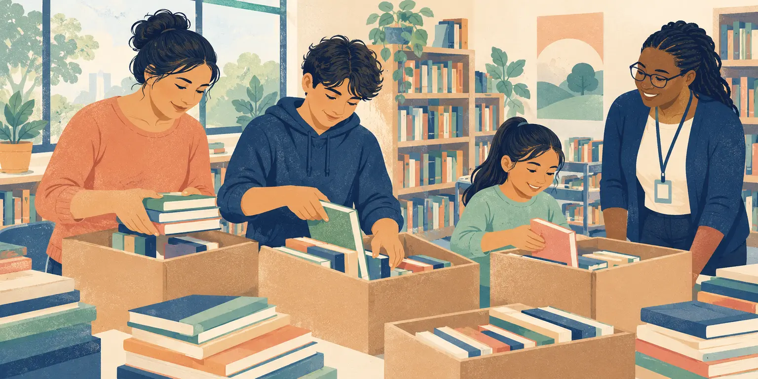 Family volunteering with a supervised community library project