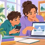 Parent and children checking the source and date of a local news claim