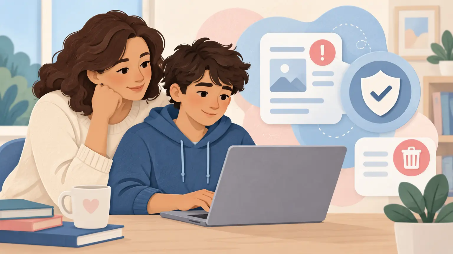 Teen and caregiver using reporting and removal tools together at a laptop
