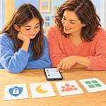 Tween and caregiver setting up a first phone with privacy and sleep boundaries