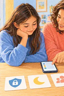 Tween and caregiver setting up a first phone with privacy and sleep boundaries
