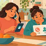 Family calmly verifying an urgent phone call through a second trusted contact