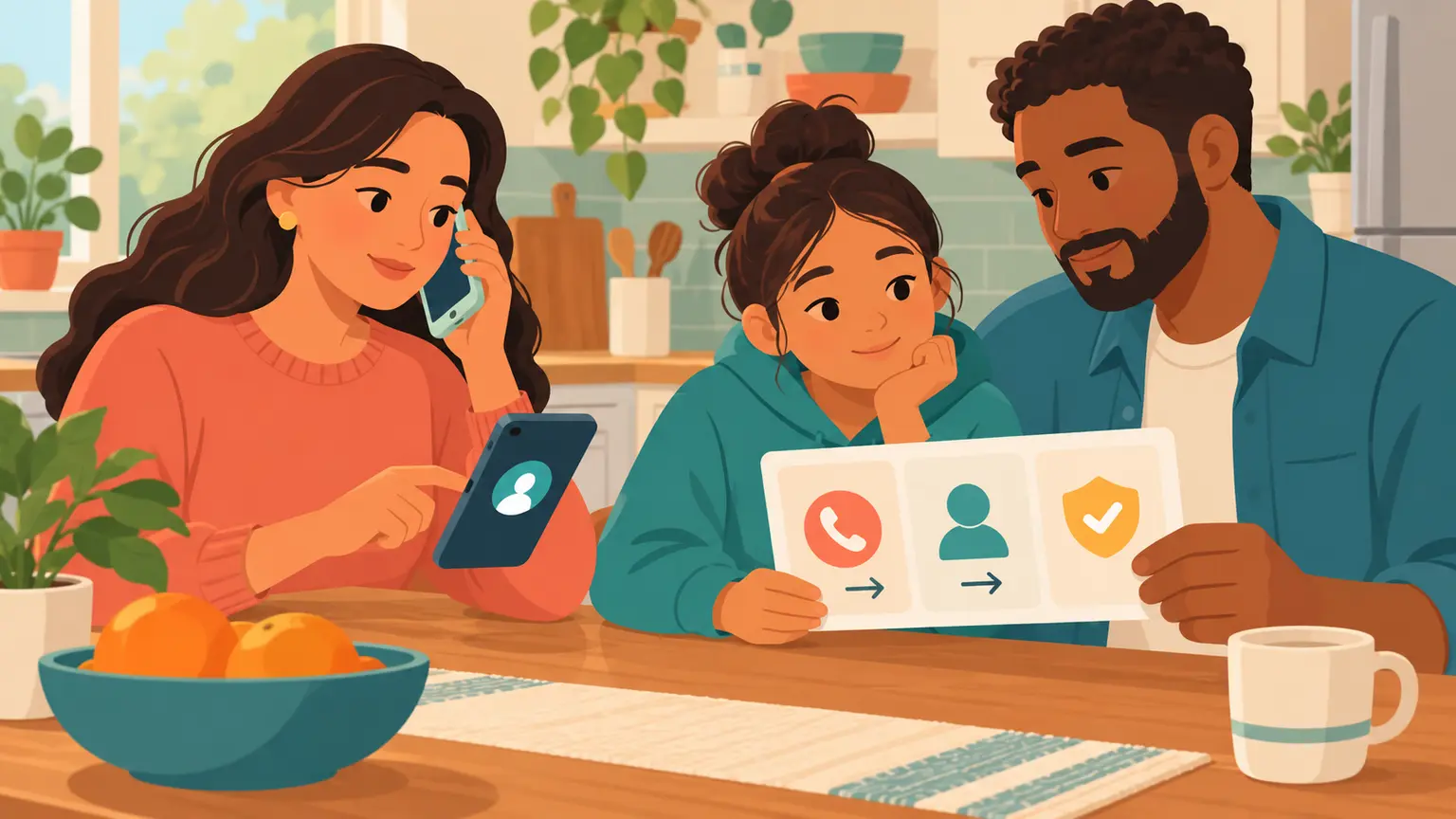 Family calmly verifying an urgent phone call through a second trusted contact